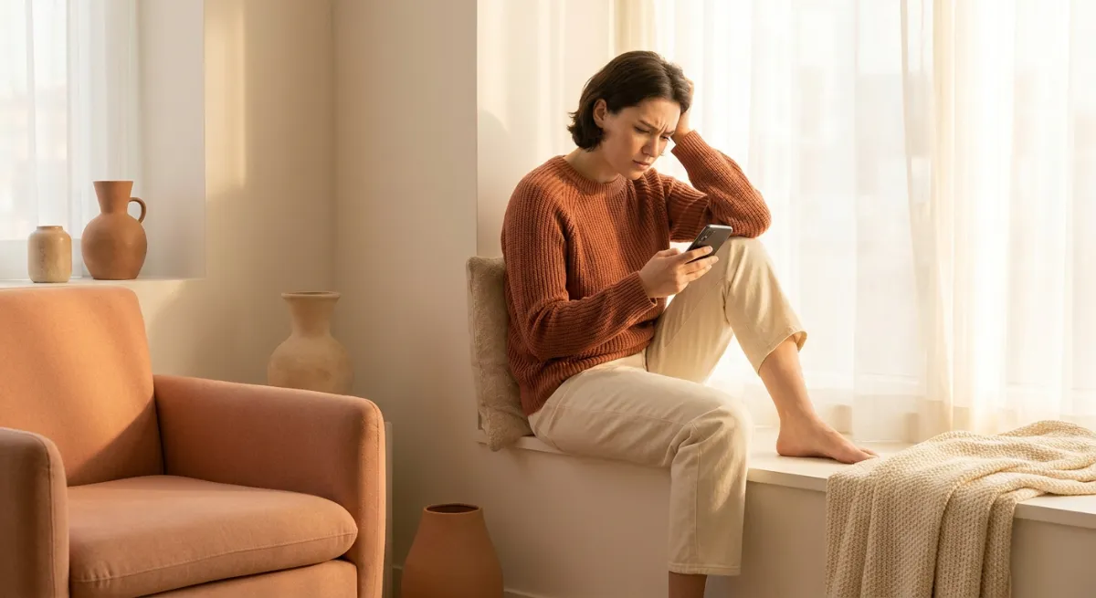 Persona mirando su celular con expresión de angustia y dudas en una habitación solitaria.