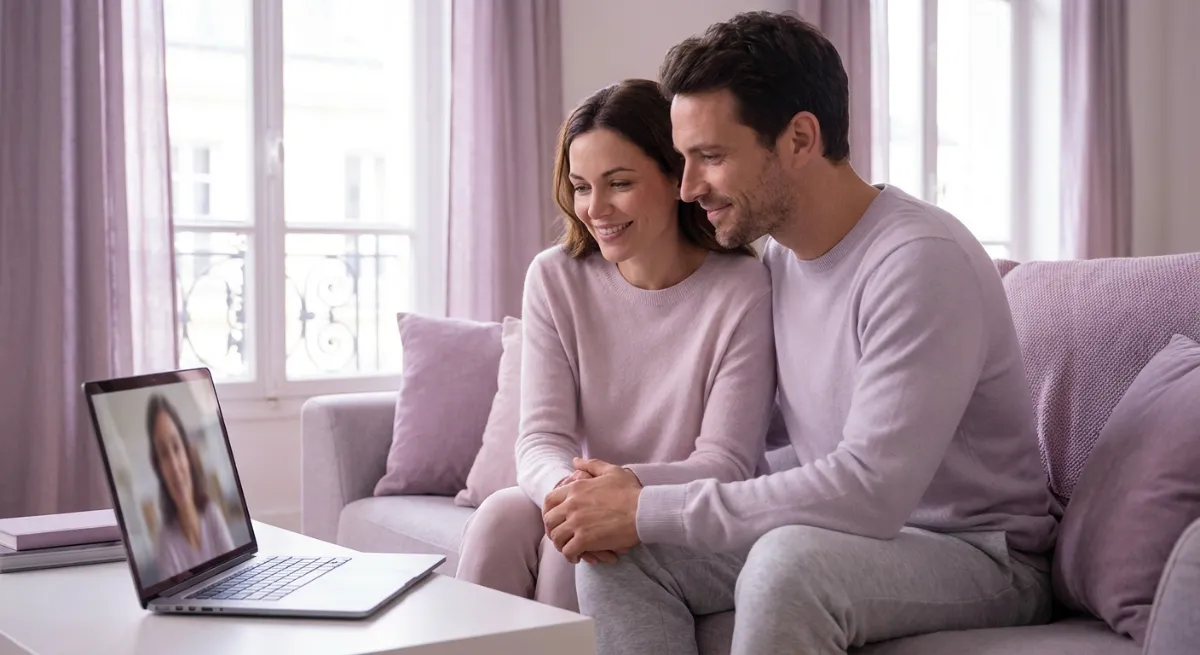 Pareja sonriendo durante una videollamada por laptop expresando empatía y calma en su hogar.