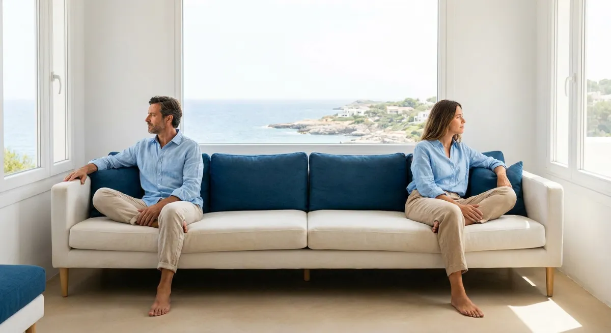 Pareja sentada en extremos opuestos de un sofá mirando hacia lados diferentes, representando distanciamiento emocional.