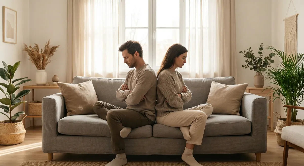 Pareja sentada en el sofá dándose la espalda tras una discusión en casa.