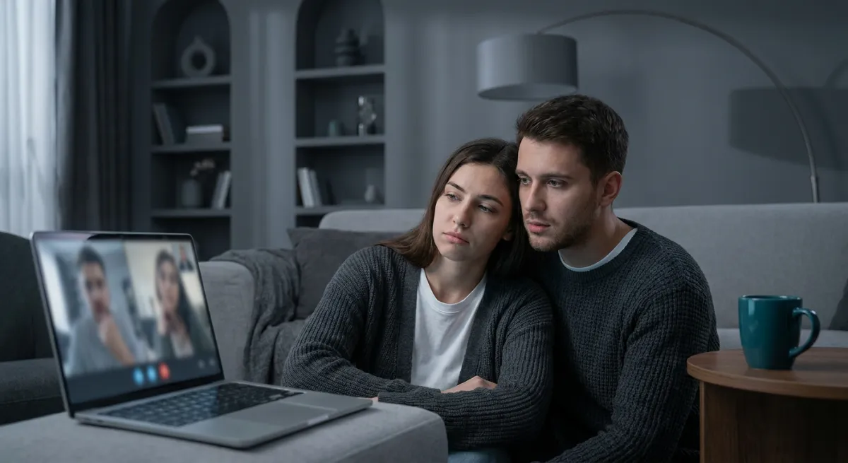 Pareja joven cansada mirando una laptop durante una videollamada nocturna en casa