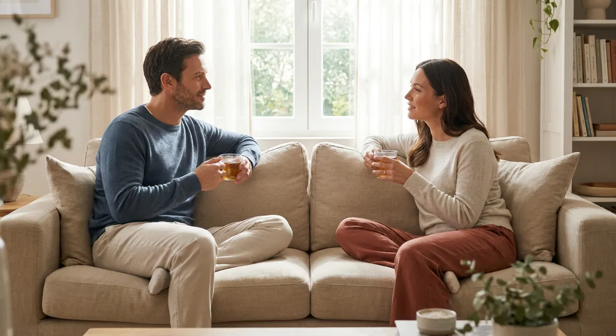 Pareja sentada en el sofá conversando con calma para reconstruir su vínculo emocional tras una crisis.