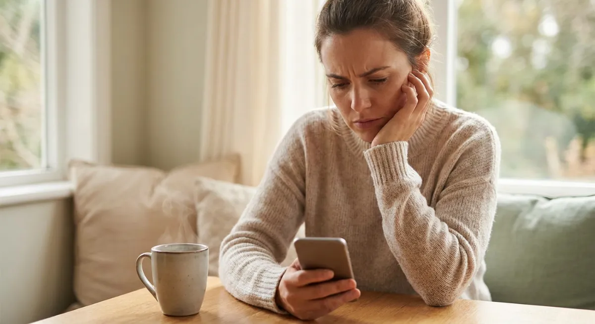 Persona mirando su teléfono con expresión de tristeza y confusión mientras espera una respuesta que no llega.