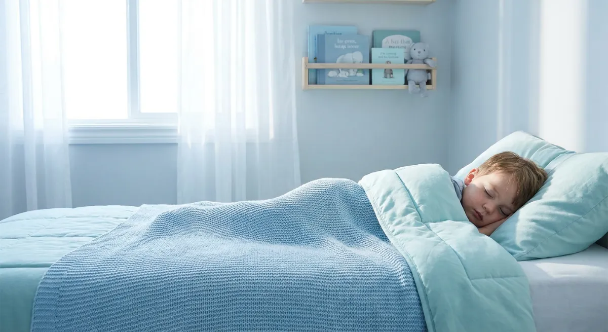 Niño durmiendo plácidamente en una habitación acogedora con luz tenue y ambiente relajado.