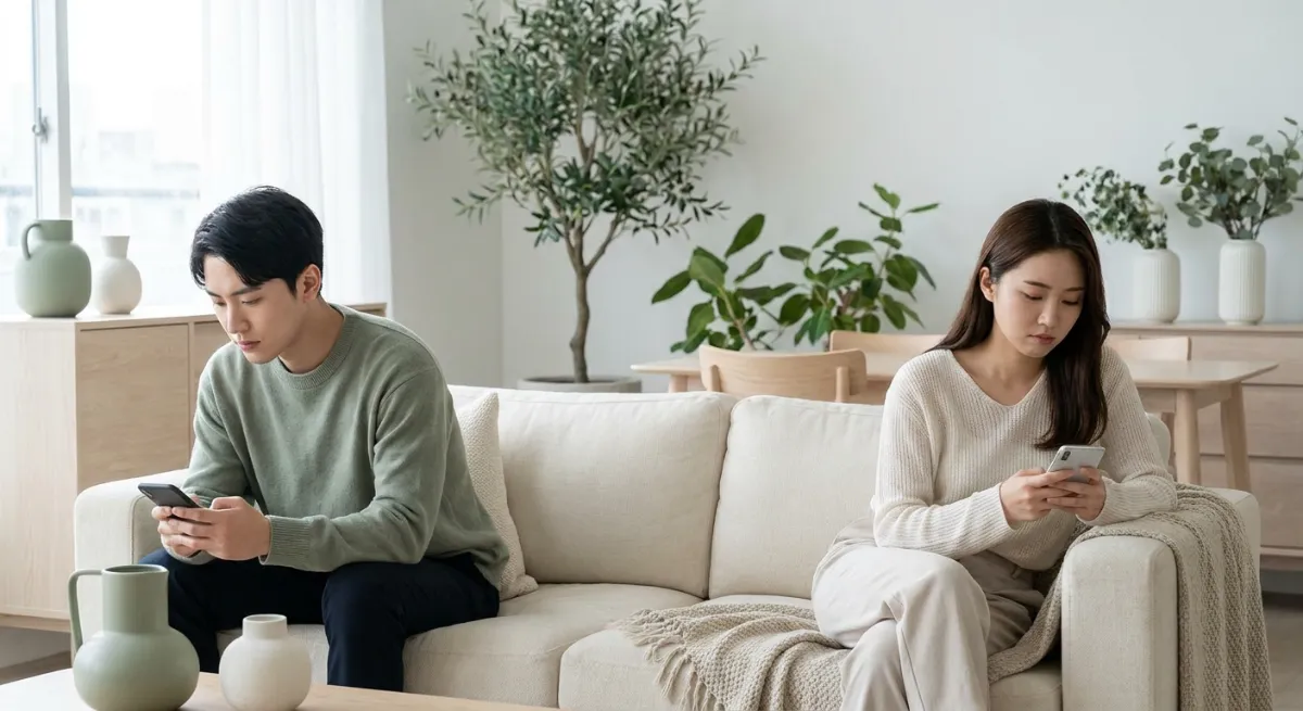 Pareja joven mirando sus teléfonos móviles con expresión de tristeza y distancia emocional virtual.