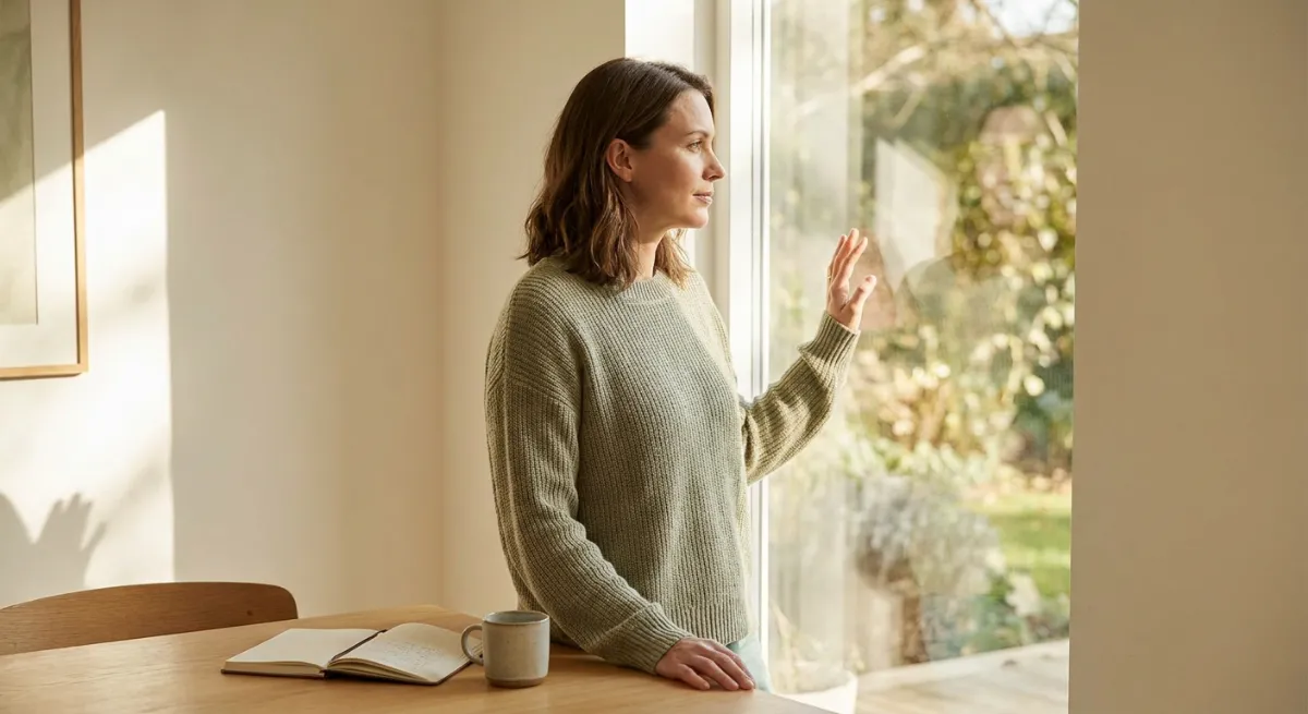 Persona adulta reflexiva frente a una ventana simbolizando el proceso de sanación emocional y autonomía personal