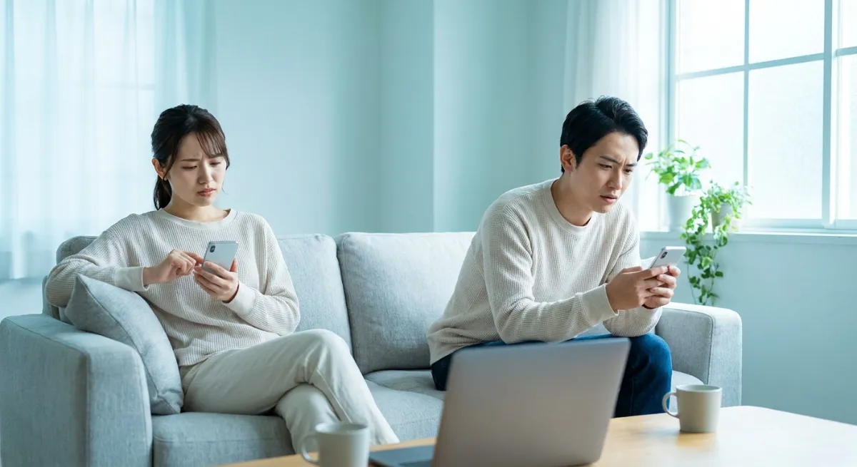 Pareja joven mirando sus teléfonos móviles con expresión de confusión y preocupación por falta de comunicación física.