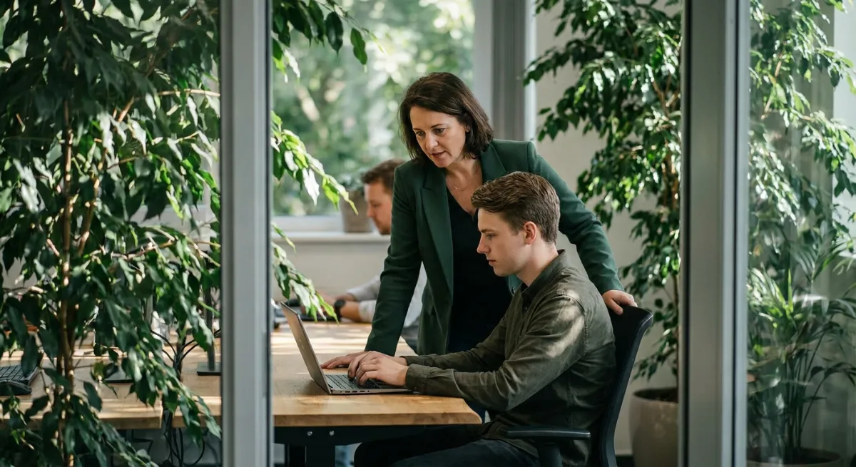 Líder de equipo observando excesivamente el trabajo de un empleado en una computadora