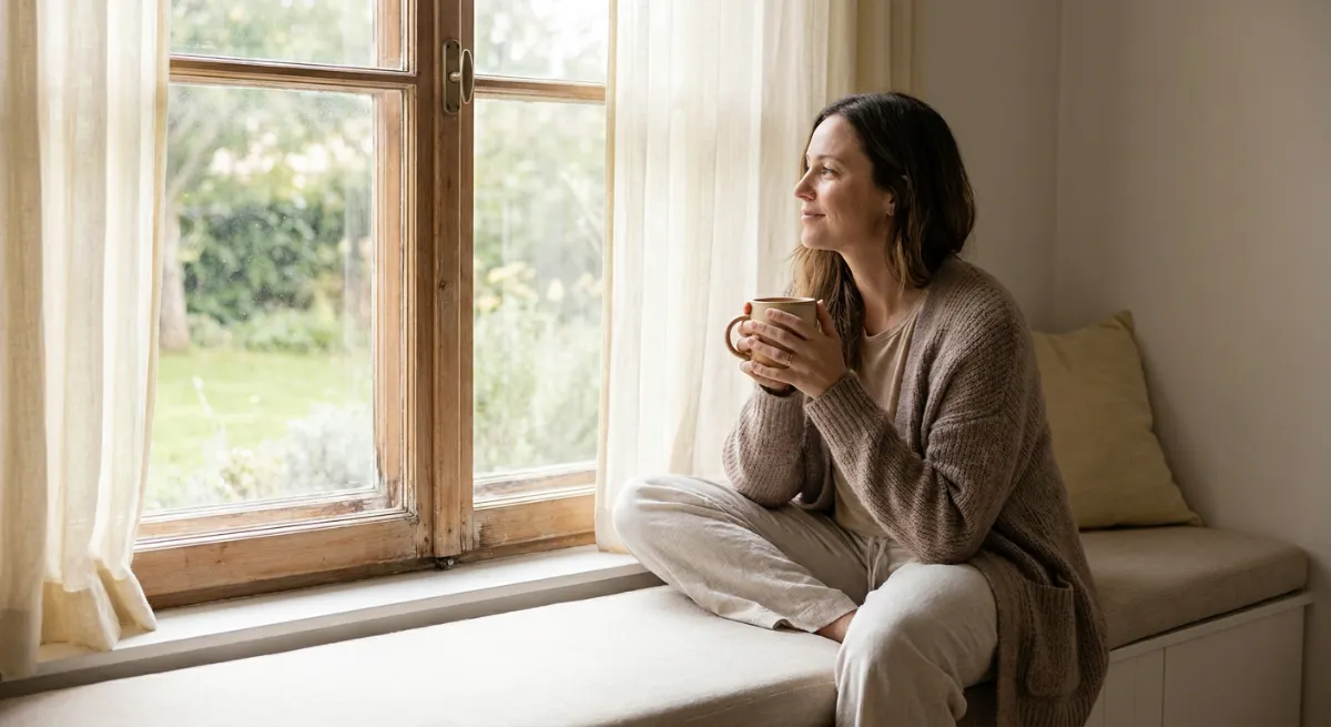Mujer sentada mirando por una ventana reflexionando sobre su autonomía y bienestar emocional en su relación de pareja