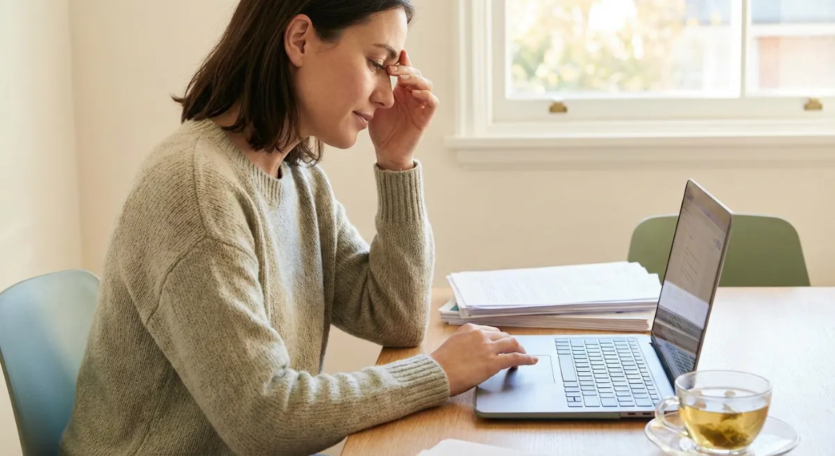 Persona estresada frente a una computadora en una oficina representando el impacto de conflictos en el trabajo