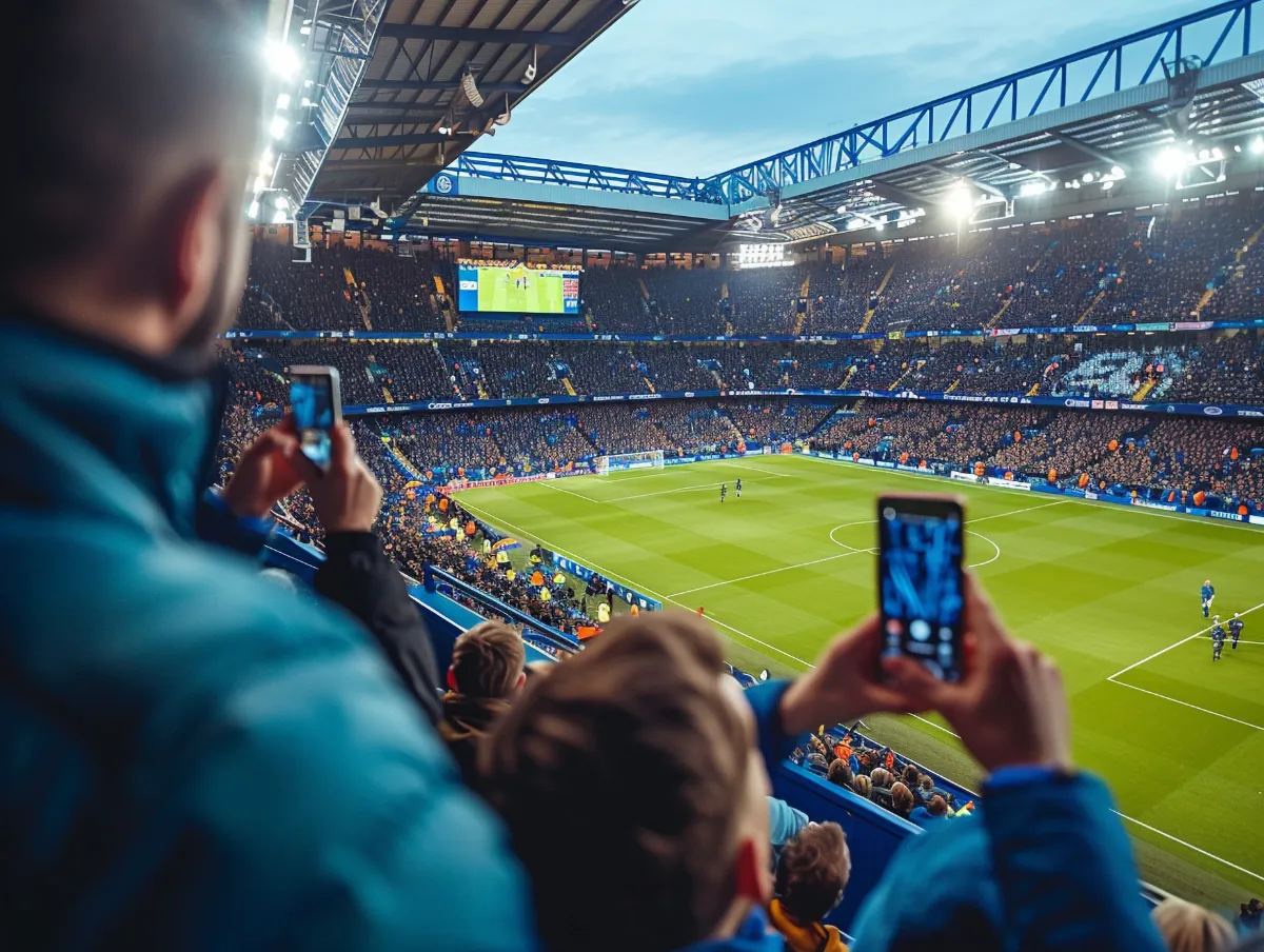 Persona usando smartphone con notificaciones de fútbol y gráfico de pulso emocional de fondo.