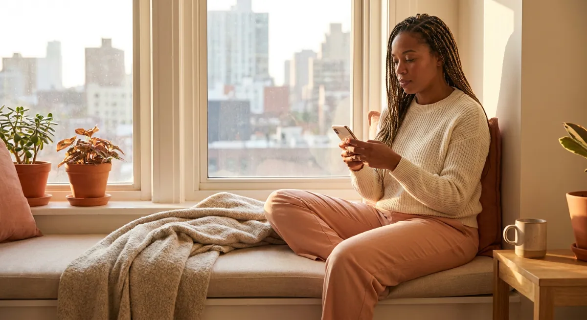 Mujer reflexiva mirando su celular frente a una ventana, representando la incertidumbre en una relación a distancia.