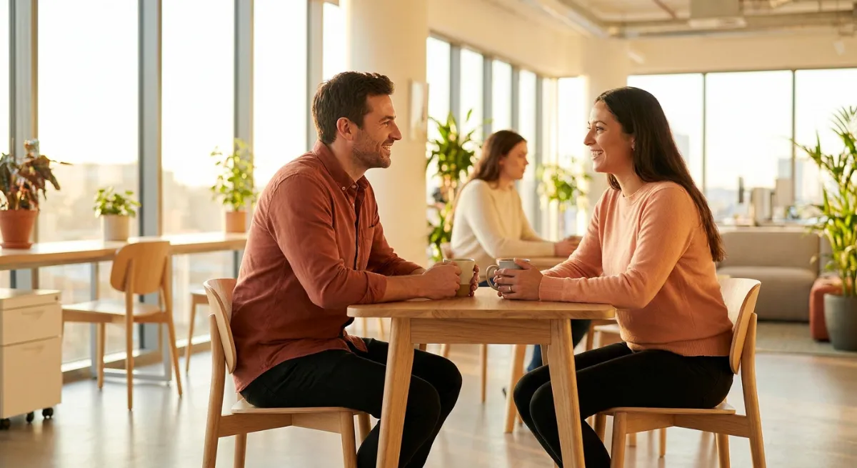 Pareja de colegas conversando sonrientes en una oficina moderna compartiendo un café durante el trabajo.
