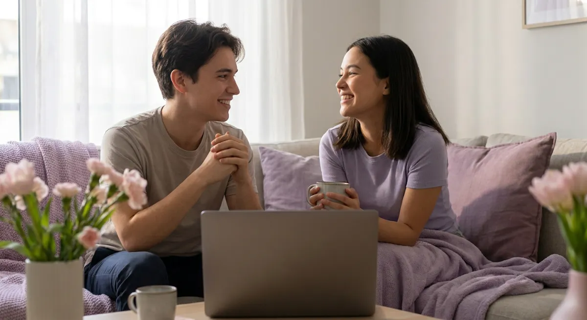 Pareja joven sonriendo durante una videollamada mientras practican presencia plena y calma emocional.