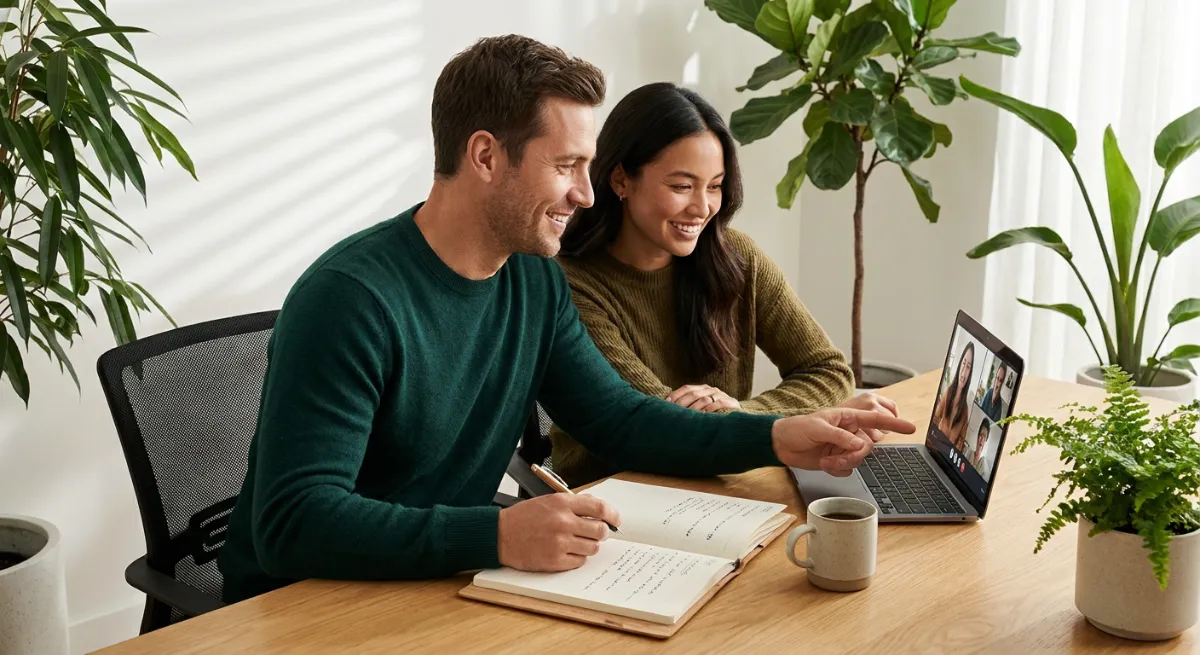 Pareja sonriendo durante una videollamada mientras planifican metas comunes en un cuaderno y computadora.