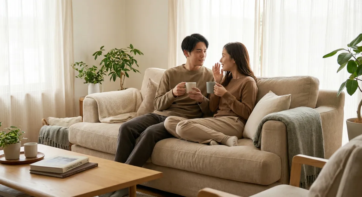 Pareja joven sentada en el sofá manteniendo una conversación cercana y honesta sobre sus acuerdos emocionales.