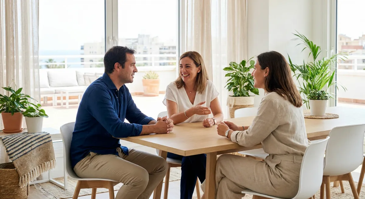 Profesionales conversando en una oficina moderna, ejemplificando relaciones laborales positivas y bienestar mental.